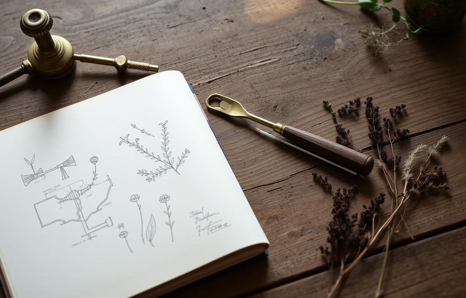 Sketchbook with hand-drawn plant studies and brass drafting tools on a wooden desk