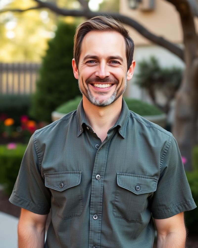 Portrait of Andrew Thiede, founder of Wildcat Hollow Landscape Studio, in a Texas garden