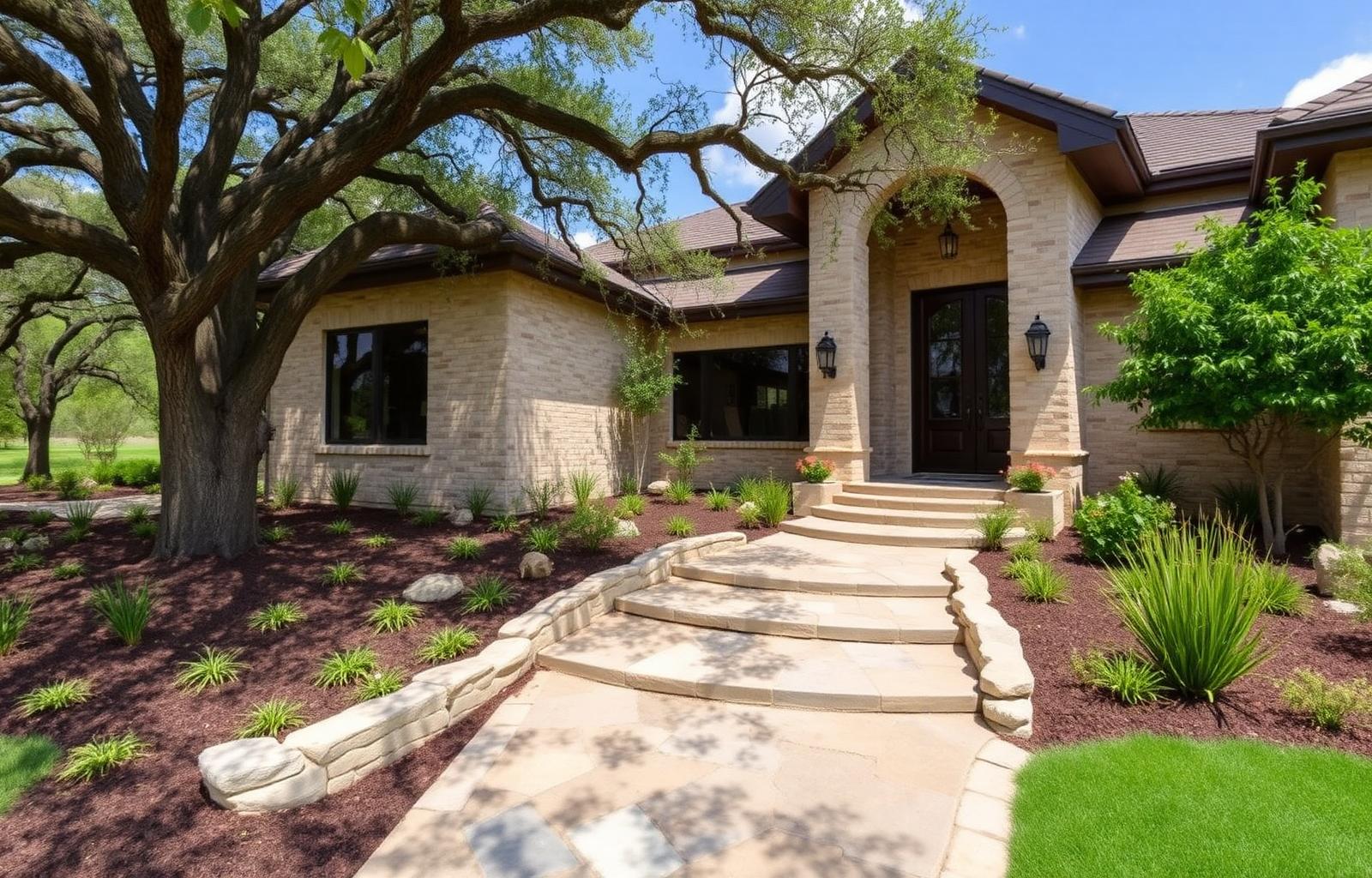 Welcoming Hill Country home entrance with native plantings