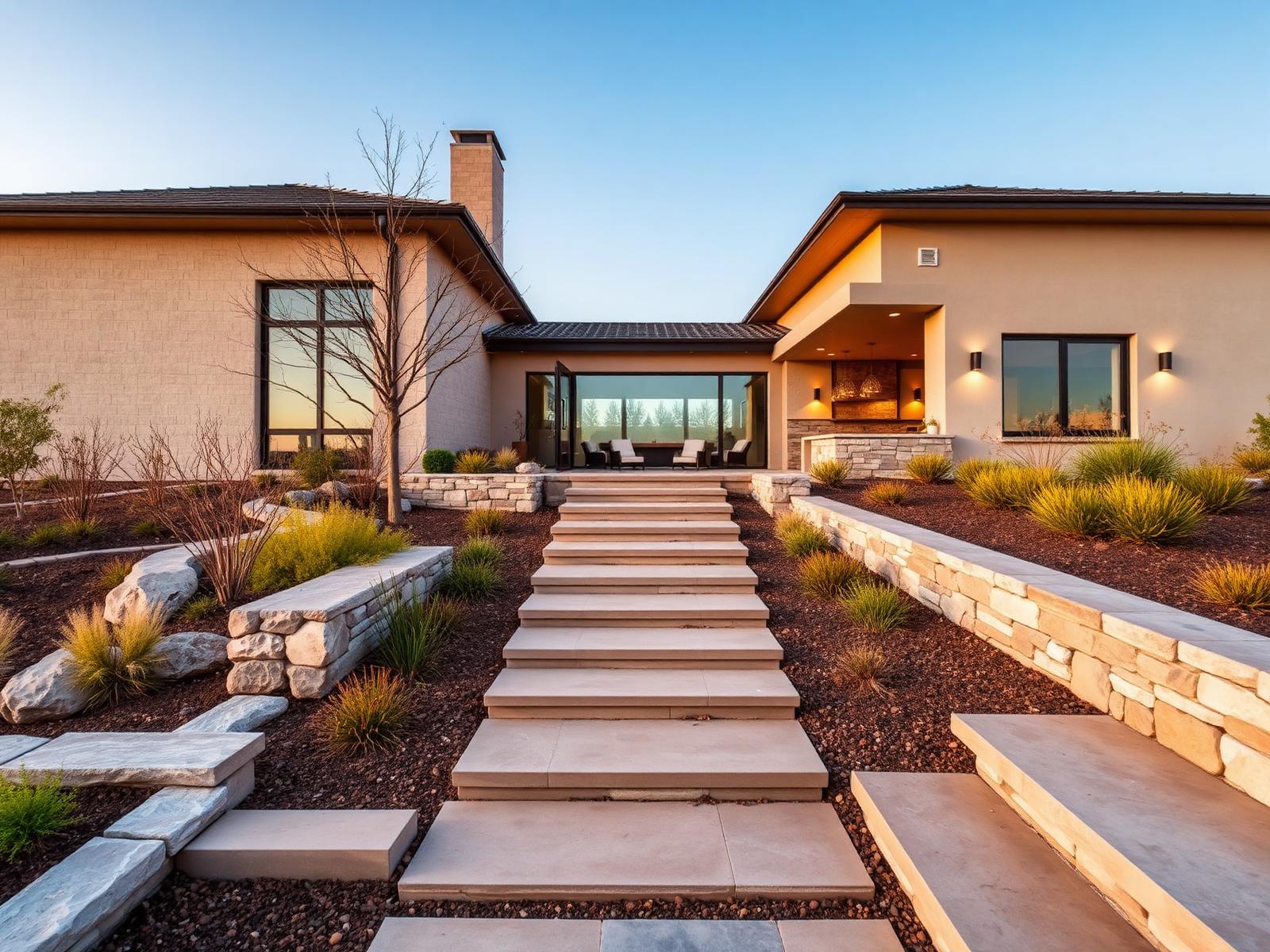 Modern Texas Hill Country home with limestone steps, native plantings and a stone retaining wall at golden hour