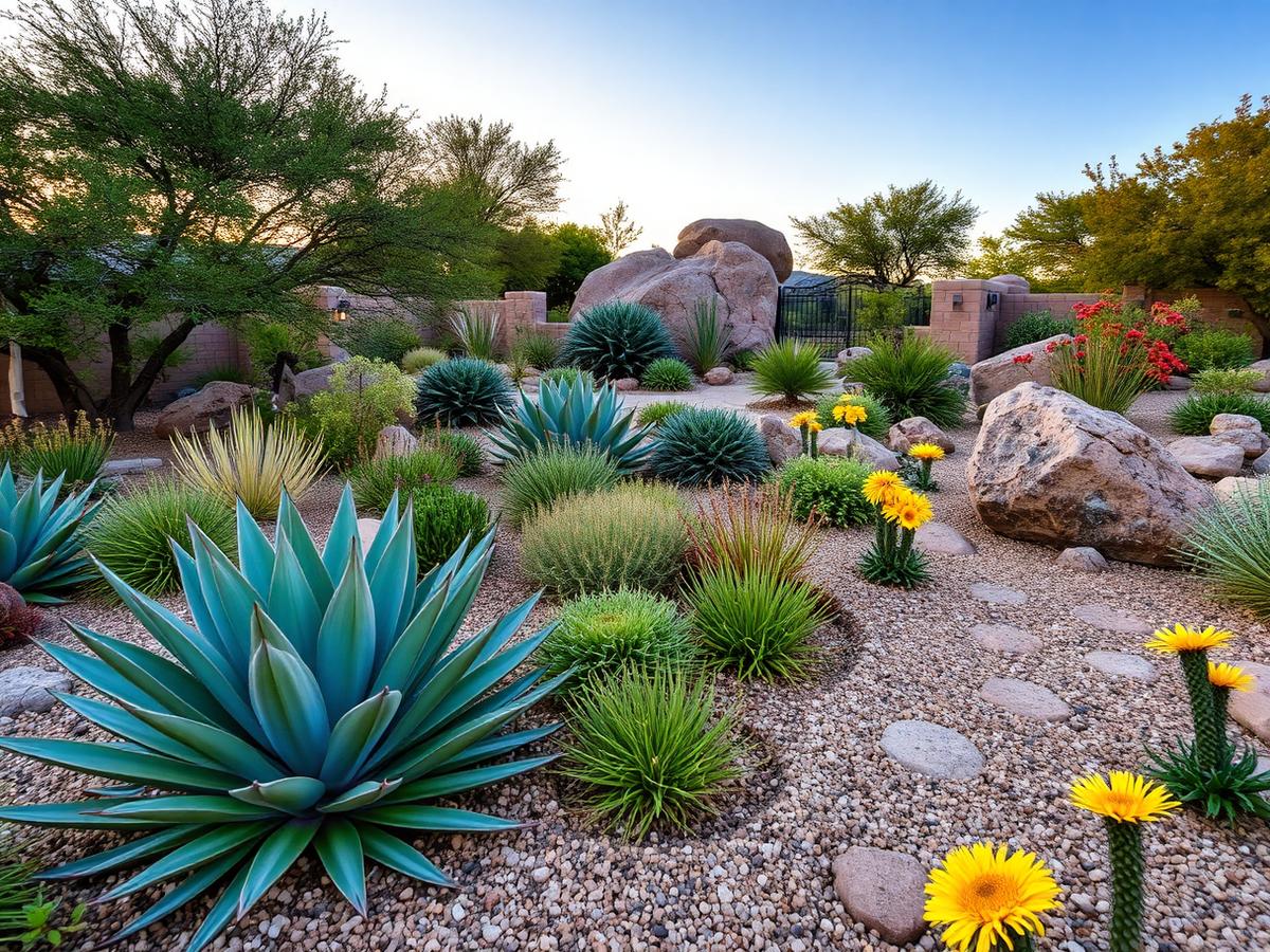 Texas xeriscape garden with agave, ornamental grasses and limestone boulders