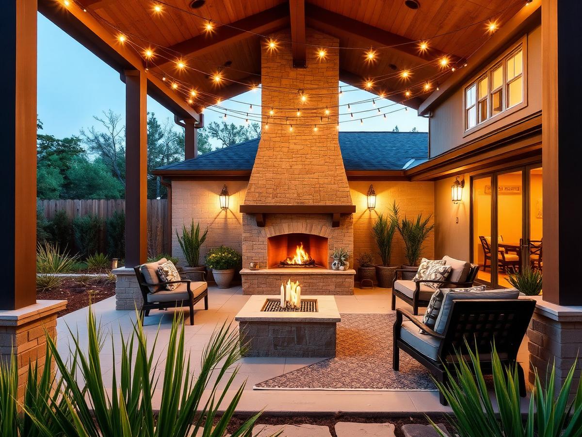 Outdoor living patio with stone fireplace and string lights at twilight