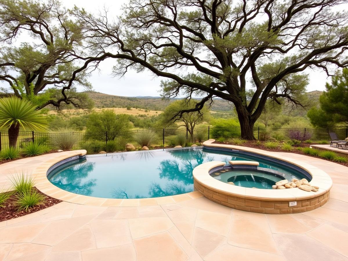 Infinity pool with limestone deck overlooking the Texas Hill Country
