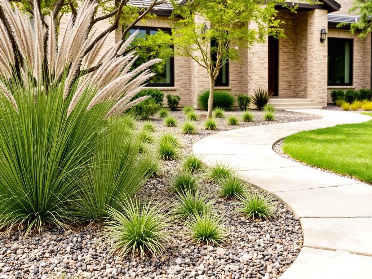 Front yard landscape with native ornamental grasses and curved limestone path