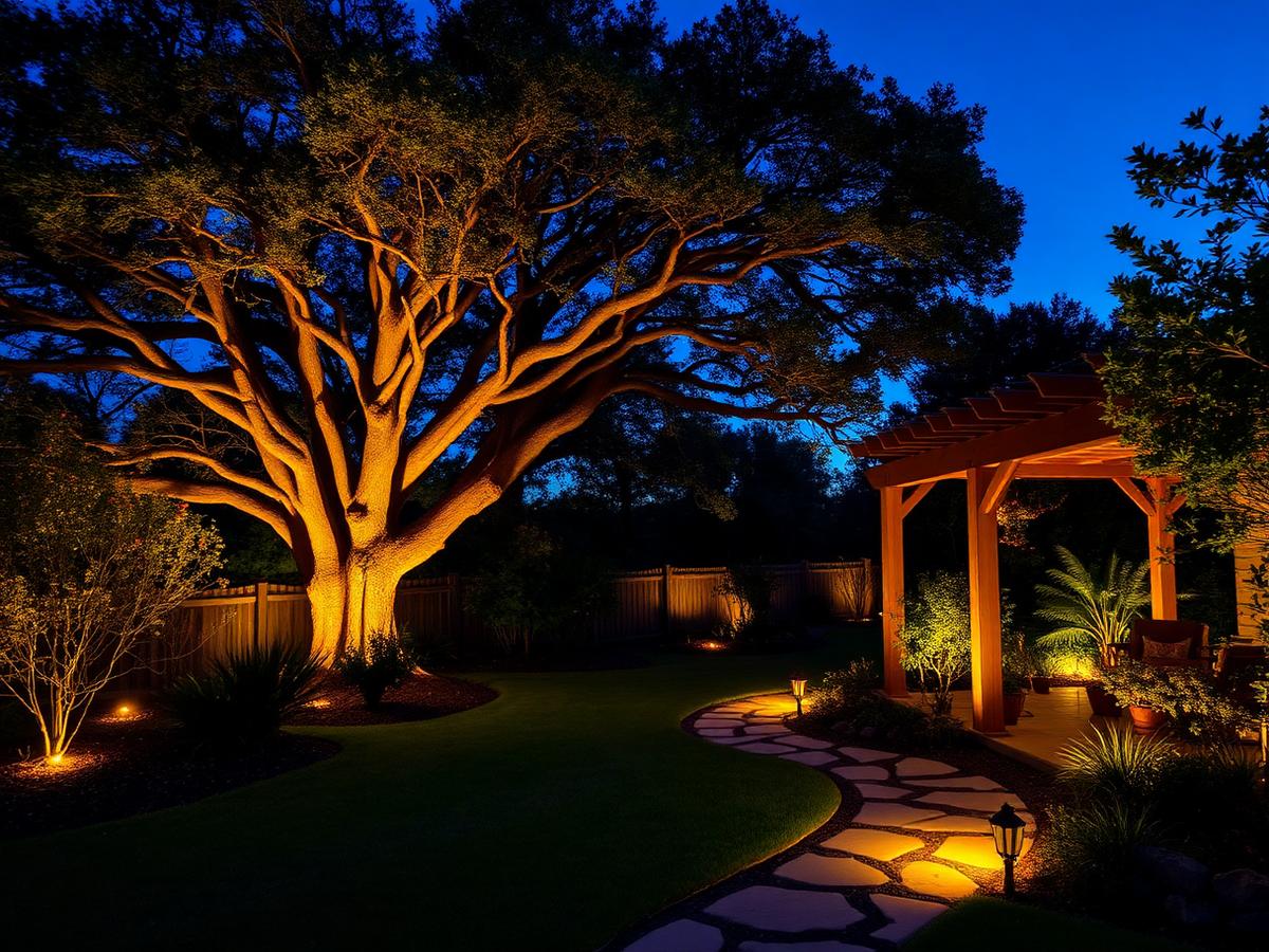 Garden lighting under a heritage live oak at twilight