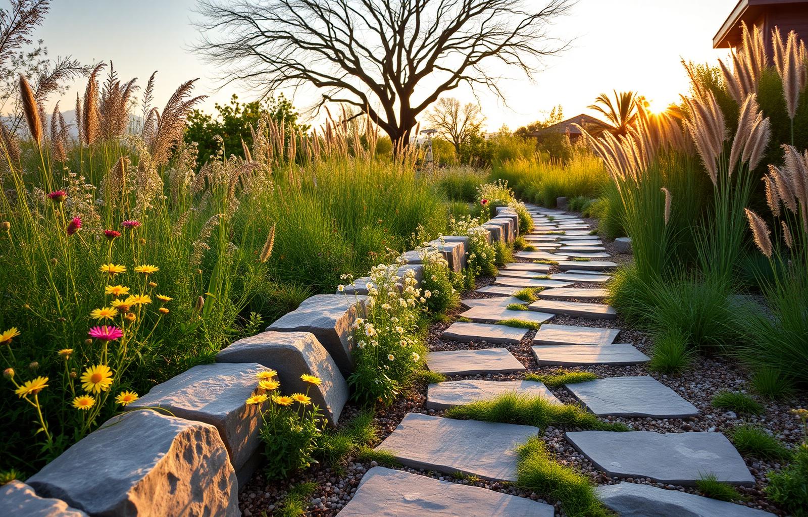 Limestone path through a native Hill Country garden at sunset