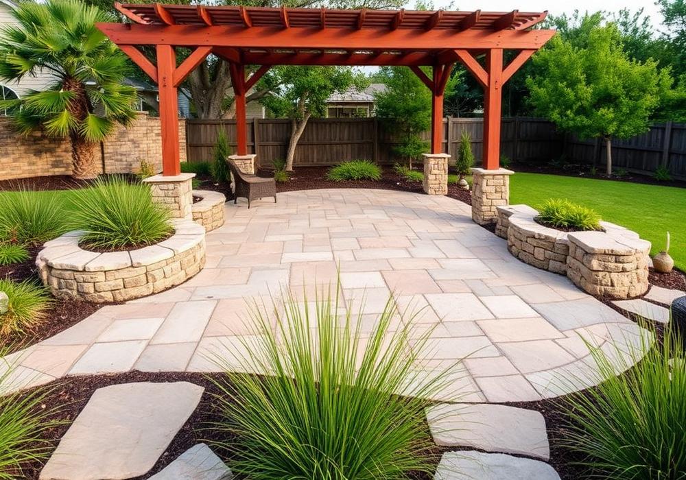 Limestone patio with built-in fire pit